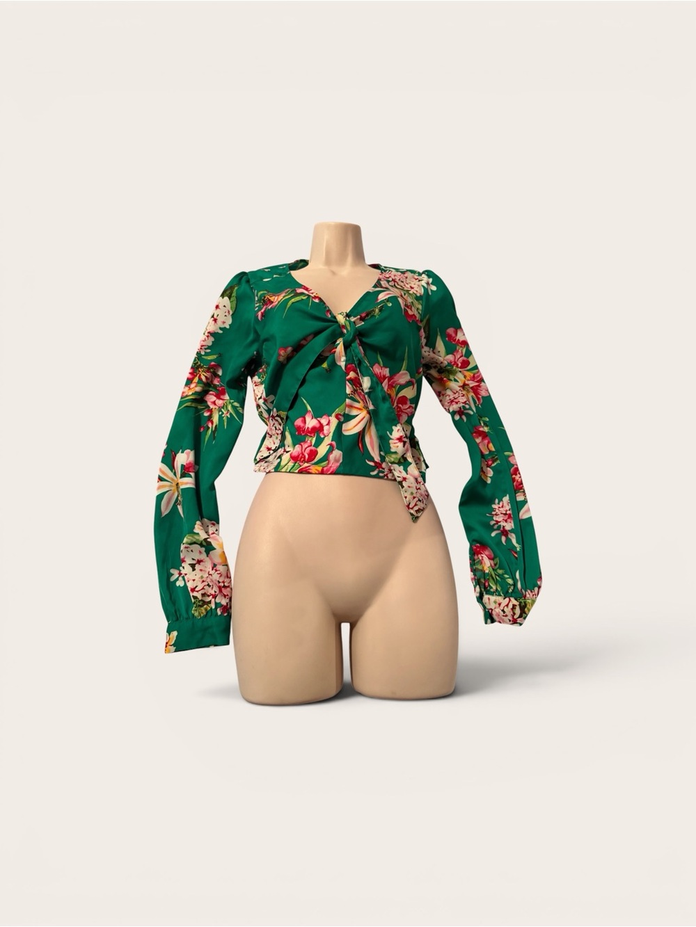 Express Green Floral Tie-Front Crop Blouse